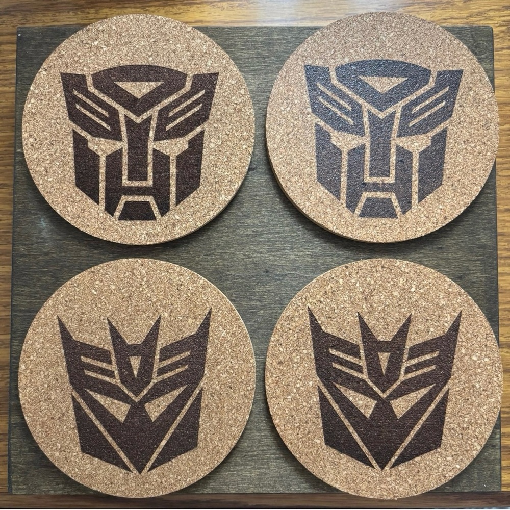 Transformers 2 Autobot & 2 Decepticon Laser Engraved Cork Coasters